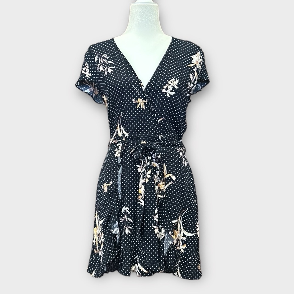 Lost + Wander Navy Blue Ruffle Front Floral Polka Dot Mini Dress Medium - Picture 6 of 12